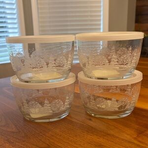 Libbey Clear Glass Storage Containers With Painted Textured Snow White Trees